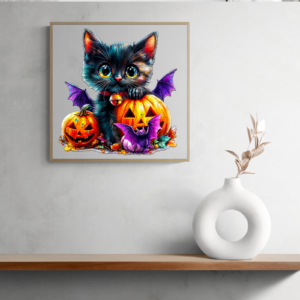 Encantador puzzle de Halloween: adorável gato preto com abóboras e morcegos 66e88e7f2a4ed